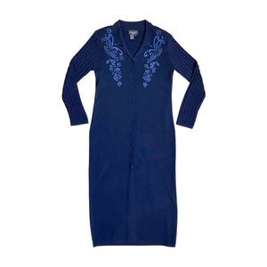 VTG Floral Embroidered Crochet Long Sleeve Button Front Blue Sweater Knit Dress